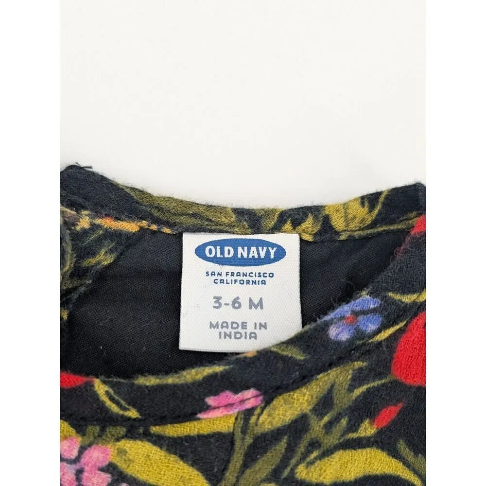 Old Navy Baby Dress Girl 3-6 M Black Floral Print 100% Cotton Ditzy